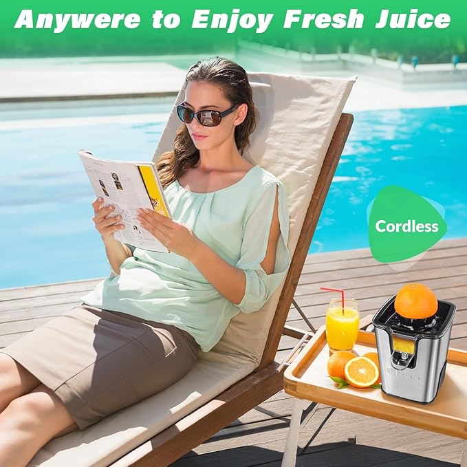Rechargeable Electric Citrus Juicer, 40W Cordless Orange Juice Squeezer with USB-C Charging, Stainless Steel Lemon Juicer with Adjustable Anti-Drip Spout & 2 Cones, Portable for RV