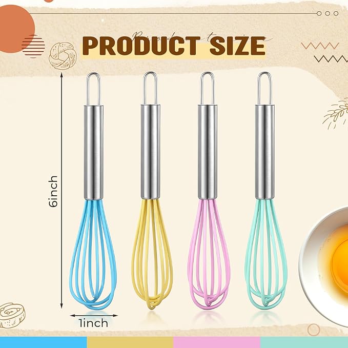 Baderke 12 Pcs 6 Inch Mini Whisks Bulk with Stainless Steel Handles Small Silicone Kitchen Whisks Non Stick Tiny Balloon Wire Whisk for Mixing Stirring Baking Cooking Party Favor Gift(Macaron)