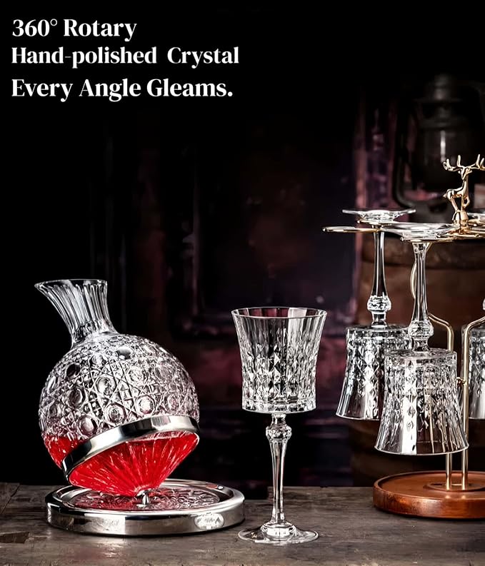 Wine Decanter Set - Spinning Crystal Red Wine Decanter Carafes, Jarler Football Rotory Hand Blown 1.5L Glass Wine Aerator Quick Decanter，Wine Gift for Him, Wine Lover, Father Gift (Gold+Clear)