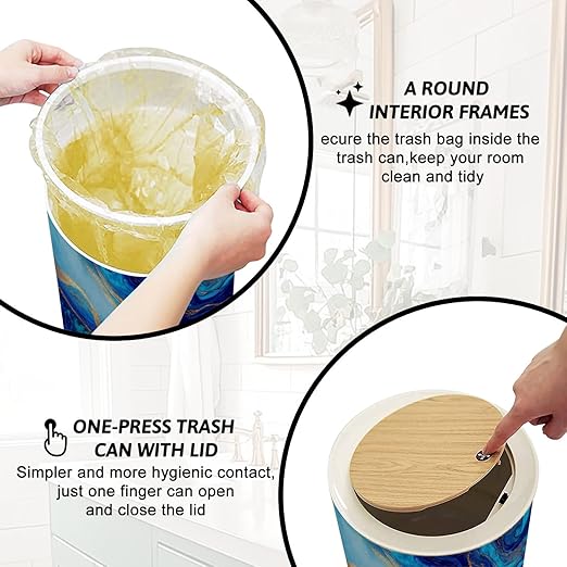 Trash Can with Lid Hand painted mixed liquid blue golden paints Abstract fluid acrylic Press Top Round Small Garbage Bin with Wooden Legs Waste Basket for Kitchen Bedroom Nursery 7L/1.8 Gallon