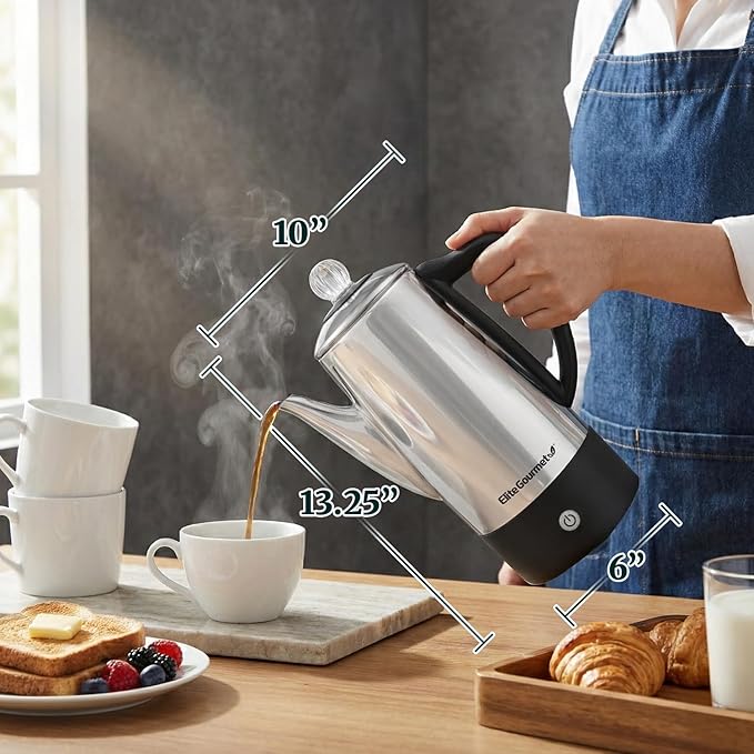 Elite Gourmet EC812 Electric 12-Cup Coffee Percolator with Keep Warm, Clear Brew Progress Knob Cool-Touch Handle Cord-less Serve, Stainless Steel