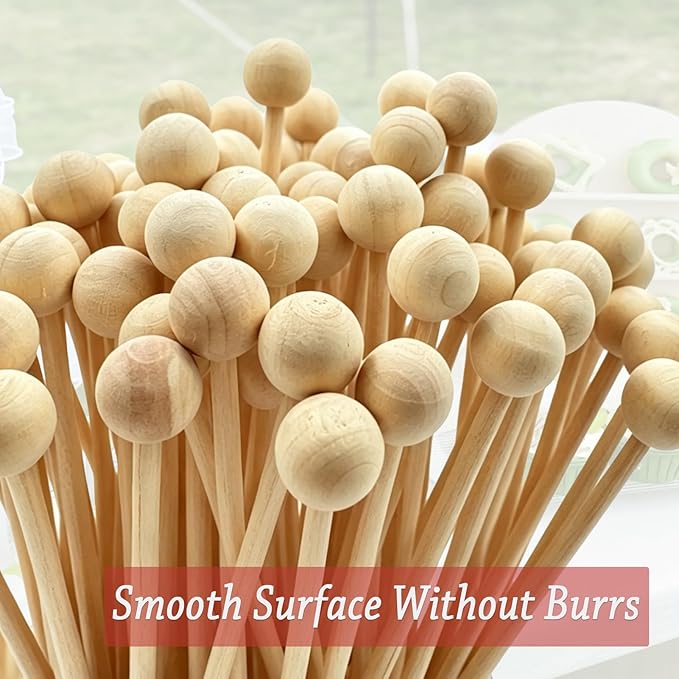 100PCS 6 Inch Wooden Rock Candy Sticks with Ball, Wood Swizzle Sticks for Drinks Cake Pops Coffee Stirrers Lollipop Making, Ideal for Party Supplies Home Baking DIY Dessert