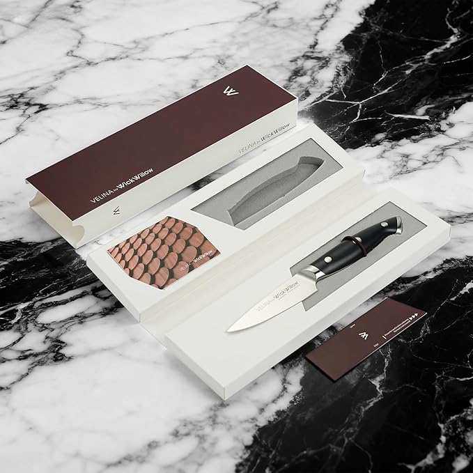 WICKWILLOW 3.5" Paring Knife – Razor Sharp German Steel – Small Kitchen Knife for Peeling, Trimming & Precision Work – Full Tang & Ergonomic Handle – Gift Box – Velina Series