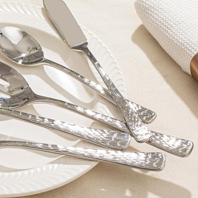 KINGSTONE Hammered 10-Piece Serving Utensil Set, 18/10 Stainless Steel Flatware for Catering, Party Include Spoons, Slotted Spoon, Fork, Butter Knife - Mirror Finish & Dishwasher Safe