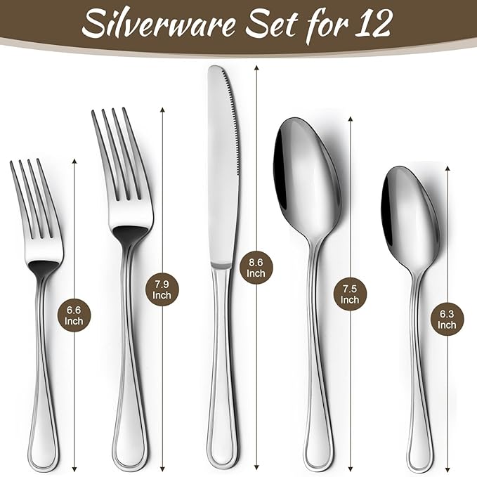 Hunnycook 60-Piece Silverware Set - Silverware Set for 12, Stainless Steel Flatware Set with Forks, Knives & Spoons, Mirror Polished Cutlery Set, Dishwasher Safe