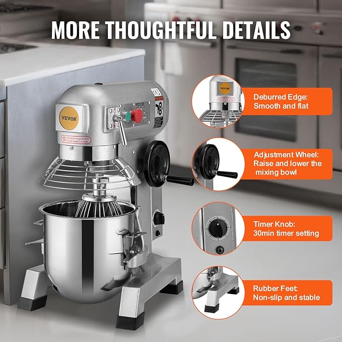 VEVOR Commercial Food Mixer, 20Qt Commercial Mixer with Timing Function, 750W Stainless Steel Bowl Heavy Duty Electric Food Mixer Commercial with 3 Speeds Adjustable 108/199/382 RPM, Dough Hook Whisk