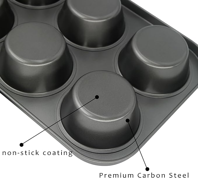 Non-Stick Jumbo Muffin Pans, 6-Cup Set of 2 Baking Pans with a Spatula for Extra-large Muffins & Cupcakes