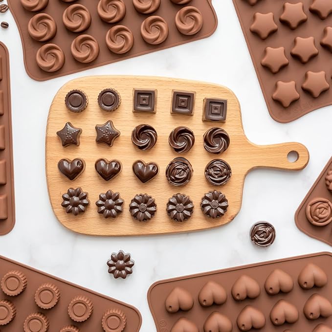 6 Pack Chocolate Molds Candy Molds Silicone, Food-Grade Non-Stick Jelly Mold, Crayon Mold, Silicone Baking Mold BPA-Free, including Flower, Heart, Star, Round, Square, and Swirl