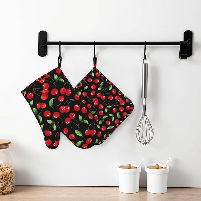 Watercolor Cherries Oven Mitts and Pot Holders Sets Silicone Cherry Fruit Pattern Kitchen Oven Mitts Hot Pads Heat Resistant Potholders Kitchen Mitts Set for Baking BBQ Cooking