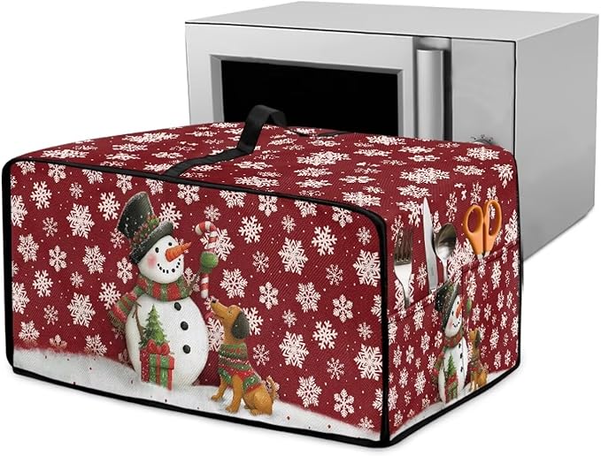 Toaster Oven Dust Cover with Storage Pockets, Protective Decorative Smart Oven Cover for for Kitchen Countertop, M, Snowman Dachshund Dog Snowflake Red Christmas Decor