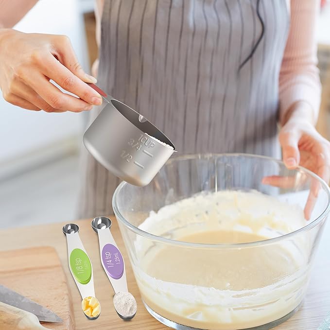 Magnetic Measuring Cups and Spoons Set, 5 Stainless Steel Measuring Cups for Dry and Liquid Ingredients, 7 Magnetic Measuring Spoons, 3 Plastic Measuring Cup with 1 Measuring Conversion Chart