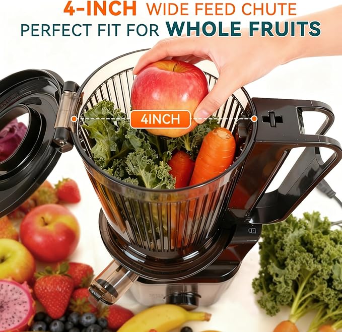 Cold press juicer machines，HYSapientia Electric masticating slow juicer for vegetable and fruit,Powerful Motor,Self Precut System,Easy to Clean,High Juice Yield,Juice & Fruit Purée Gelato Strainers
