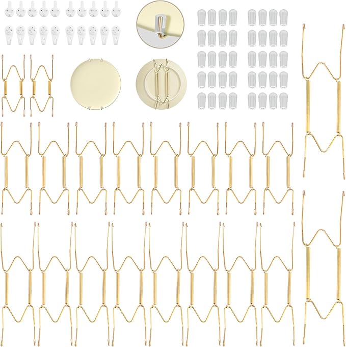 Bilillo 20 pcs Plate Hangers for The Wall, 4/6/8/10 Inch Invisible Decorative Wall Plates Hangers, Stainless Steel Plate Wall Holders for Display Various Sizes with Hooks for Decorative Gold