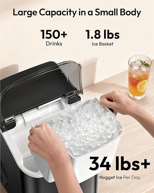 EUHOMY Nugget Ice Maker Countertop with Handle, Ready in 6 Mins, 34lbs Per Day, Removable Top Cover, Self-Cleaning, Portable Sonic Ice Maker with Basket and Scoop, for Home/Party/RV/Camping(Black)
