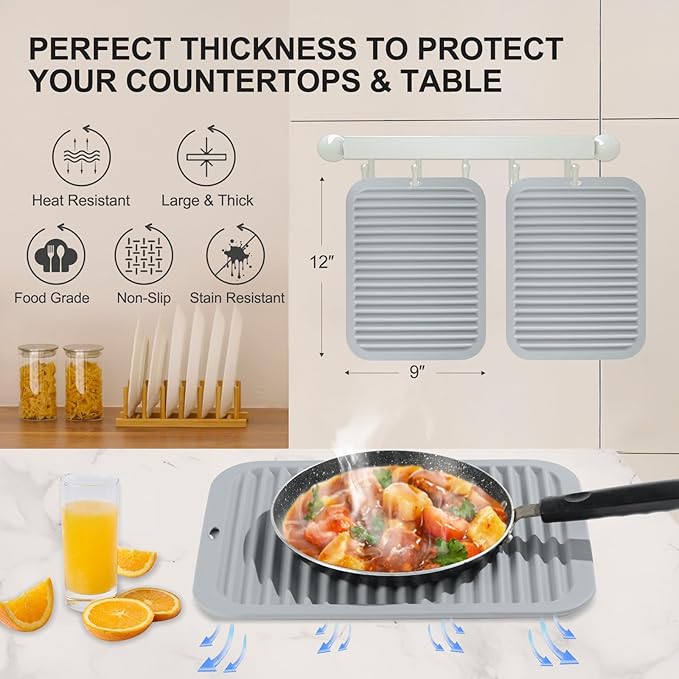 9"x12" Large Silicone Trivets for Hot Pots and Pans, Hot Dishes, 2 Heat Resistant Non Slip Mats for Countertop Table, Silicone Pot Holders Hot Pads for Kitchen, Food Grade & BPA Free, Gray