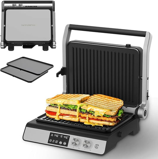 Panini Press,4 Slices Contact Grill with Removable Non-Stick Coated Grill and Flat Plates,Panini Makers with Temperature Control and Timer,Open 180 Degrees,Grill and Griddle (Silver with digital)