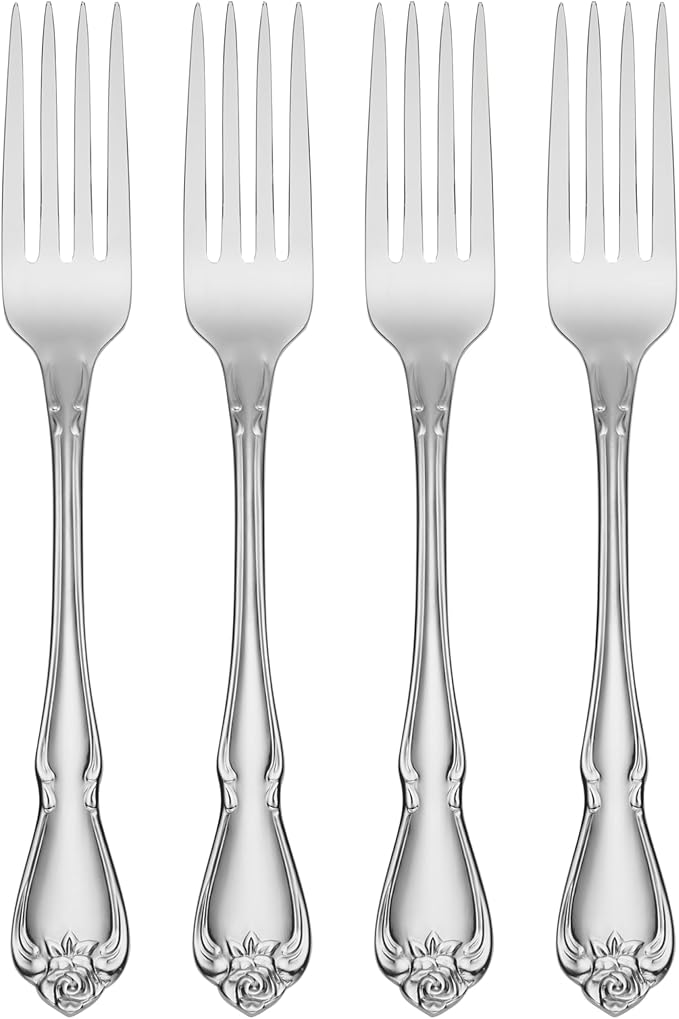 Oneida Silverware Set, Oneida True Rose Everyday Flatware Dinner Forks Set, Service For 4, 18/0 Stainless Steel Fork Sets, Rust Resistant, Dishwasher Safe, Dining Utensils Sets (Silver, 4 Piece)