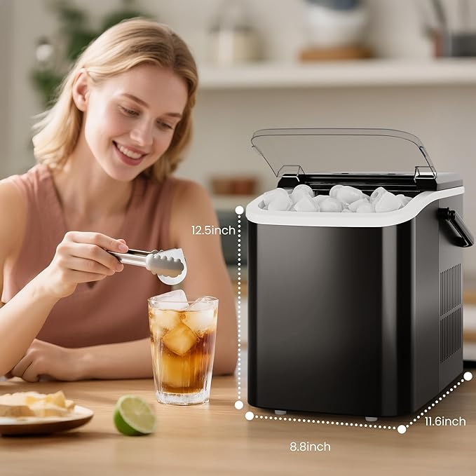 DUMOS Countertop Ice Maker with Handle, 26lbs/24H Portable Ice Machine, 9 Bullet Ice Cubes Ready in 6 Mins, Self-Cleaning, Quiet Compact Ice Maker for Home, Kitchen, RV, Camping, Modern Black