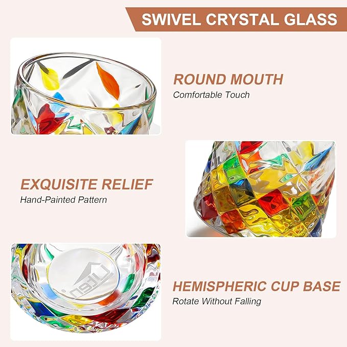 Rotatable Old Fashioned Glass Cup, 275ml/10oz Crystal Whiskey Glass, Wood Coaster, Thickening, Used as Rum Glass, Cocktail Cup, Coffee, Milk to Relax and Reduce Stress, Ideal Gift