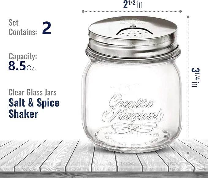 Bormioli Rocco Quattro Stagioni Spice Jar Set - 8.5 Oz, Durable Glass Mason Jars with Multi-Function Rotatable Lids, Stainless Steel Tops for Salt & Pepper - Made in Italy, Glass Spice Jars