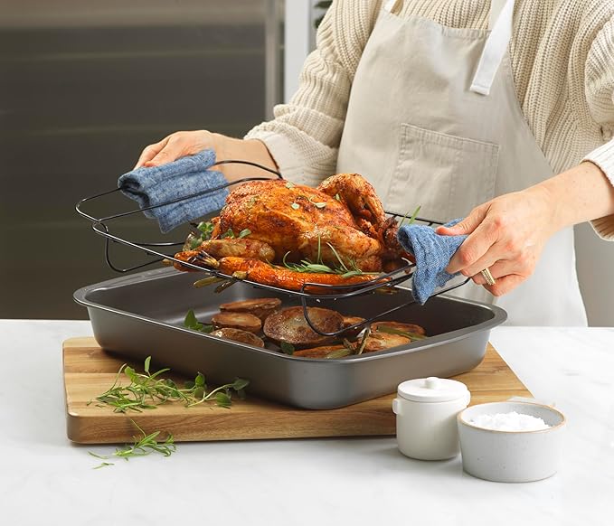 GoodCook Everyday Roast Pan with Rack Rectangular Nonstick Construction Large Capacity Metal Utensil-Safe, 15 x 11-Inch, Gray