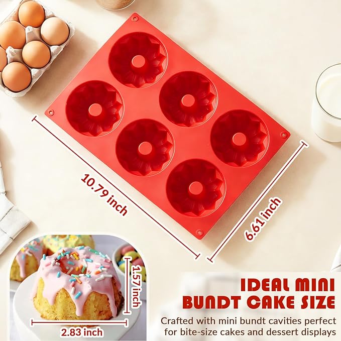 HKMTT Small Silicone Bundt Pan, Mini Fluted Tube Rum Cake Baking Molds, 6 Cavities 2 Pack BPA Free Oven Safe Food Grade Non Stick Moulds