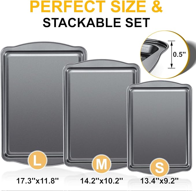 Baking Sheet Set of 3 - Carbon Steel Cookie Sheet for Baking, 17/15/13 Inch, Nonstick Baking Pan with Dual Handles, Stackable, Rust & Warp Resistant, Perfect for Baking, Roasting, and More