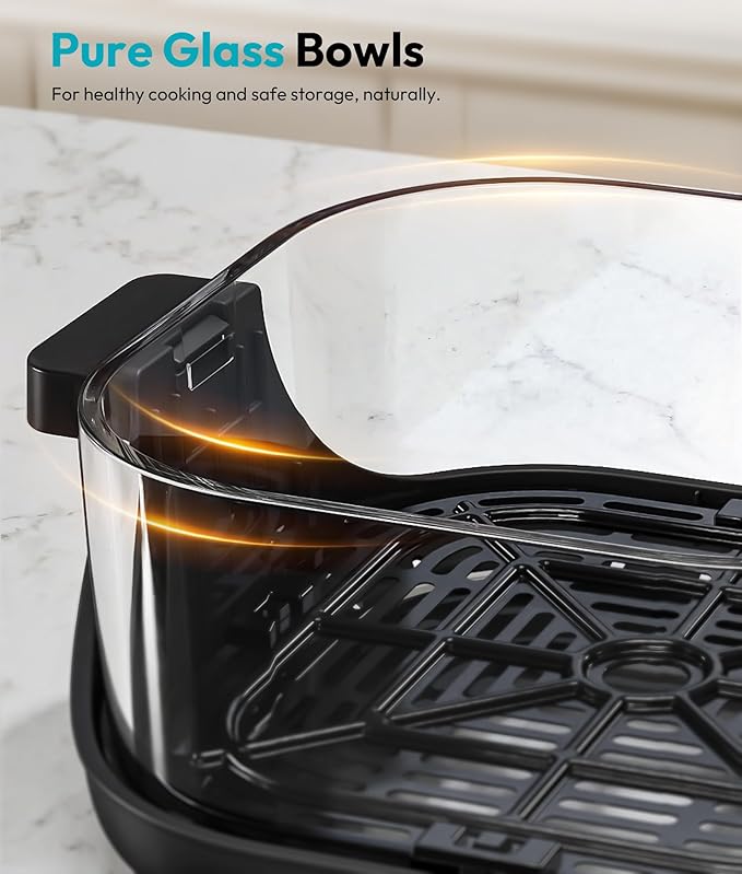 Rellytech Portable Glass Air Fryer - 1500W, 4.2 QT & 6-Cup Dual Glass Containers with Lids, 4-in-1, 60 Min Timer, 140°F-400°F Adjustable, Microwave, Freezer & Dishwasher Safe, Grey