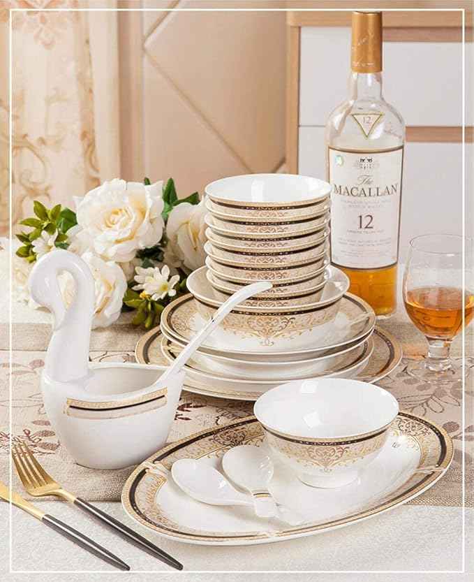 60 Piece Porcelain Dinnerware Set, Plate and Bowl Set, European-Style Elegant Tableware Set, Jingdezhen Bone China Dish Set, Service for 8-10
