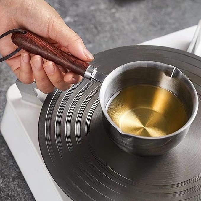 Butter Warmer Pot, 300ml 4.1x2.36in Milk Pot for Stove, Versatile Small Stainless Steel with Pour Spout and 4in Wooden Handle for Melting Butter, Heating Sauces, or Making Coffee