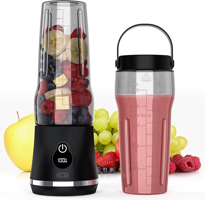 Portable Blender for Smoothies and Shakes, 17oz Personal Blender with 6 Stainless Steel Blades, USB-C Rechargeable, LED Display, BPA Free, Compact Travel Cup with Extra Lid for Gym, Office & On-the-Go