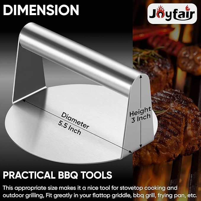 Joyfair 5.5” Smash Burger Press & 12” Cheese Melting Dome, Stainless Steel Hamburger Smasher & Large Basting Cover for Griddle, Non-Stick Grill Presses for Bacon, Meat, Patty, Flat Top Grilling Tools