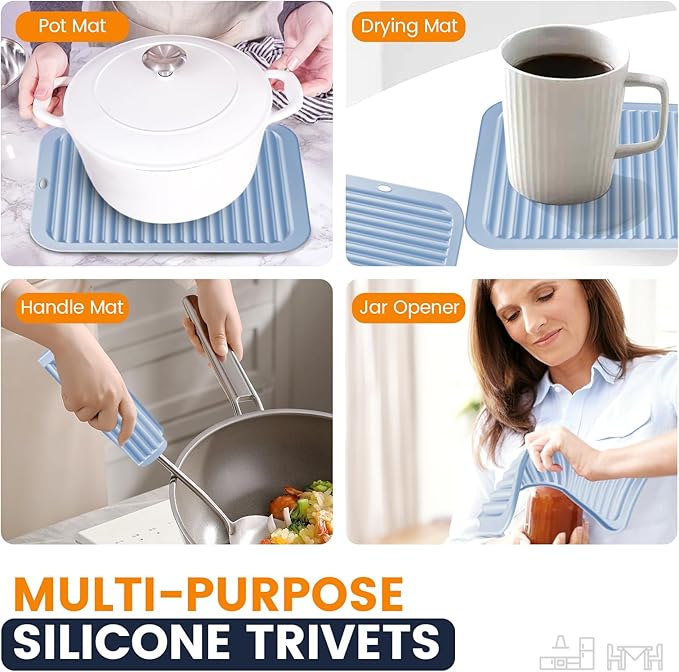 Silicone Trivet Mats 4 Heat Resistant Pot Holders Multipurpose Non-Slip Hot Pads for Kitchen Potholders, Drying mat, Jar Opener, Spoon Holder, Coaster.(Bamboo Moon)