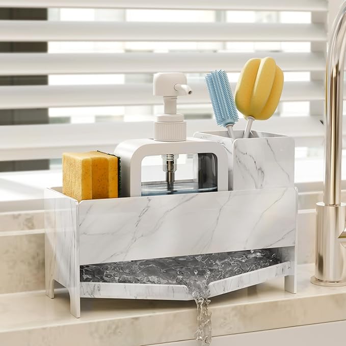Sponge Holder for Kitchen Sink, Acrylic Sink Caddy Organizer with Removable Brush Holder, Countertop Soap Dispenser Organizer with Marble Texture, Kitchen Organizers Storage, White