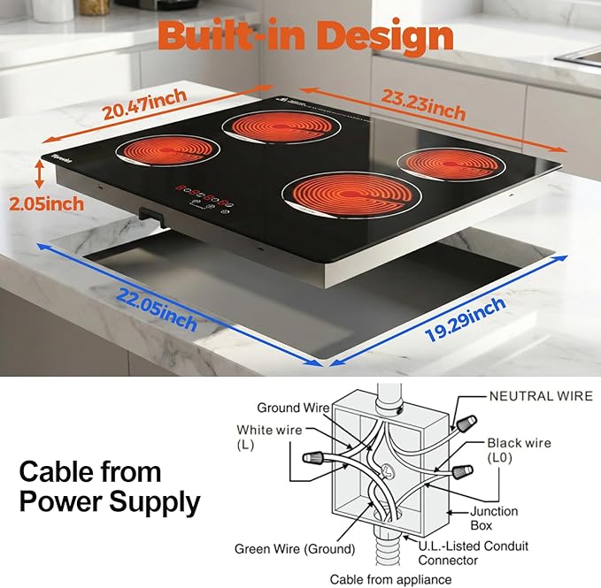TOPWISH 24 Inch Electric Cooktop, 4 Burners Built-in Electric Stove Top Hot Plate, 6000W Drop-in Ceramic Cooktop Kitchen Stoves with Touch Control, Safety Lock, Timer, 220-240v (Hard Wired No Plug)