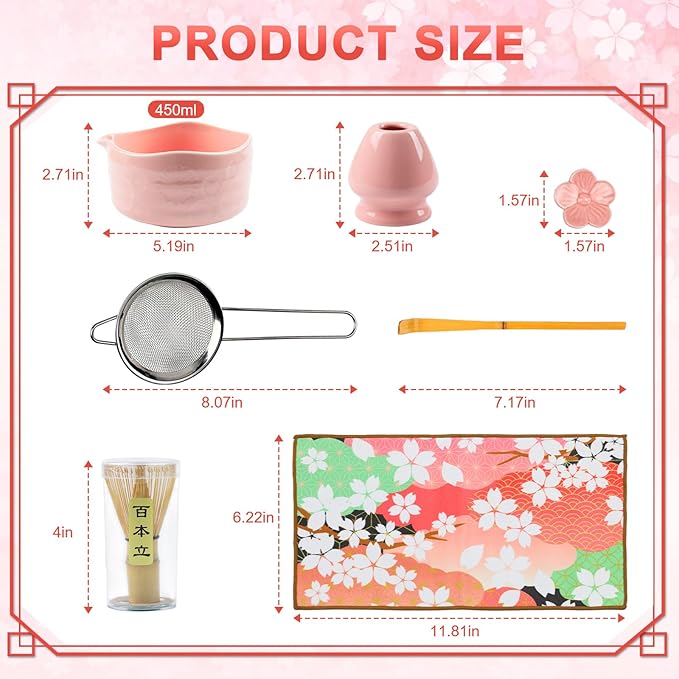 Matcha Set–7-Piece Set Including Matcha Bowl with Spout, Whisk, Chasen Holder, Sifter, Bamboo Scoop,Scoop Stand,wood spoon(Daisy Pink)–Perfect for Matcha Lovers&Tea Ceremonies