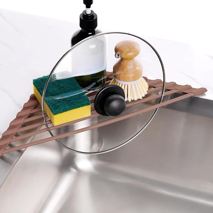 Tomorotec Compact Silicone-Coated Triangle Dish Drying Rack for Sink Corner - Foldable Stainless Steel Over-The-Sink Organizer and Storage Shelf (Coffee)
