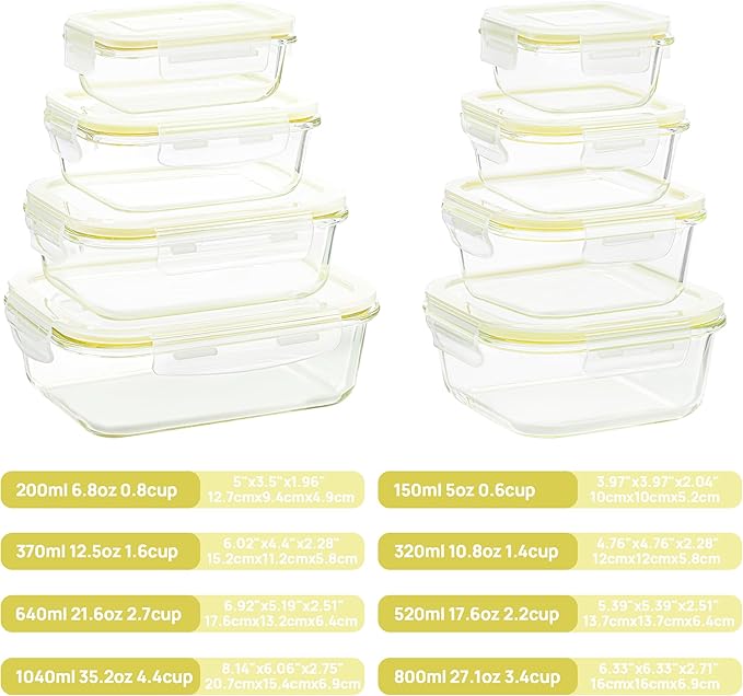 Vtopmart 8 Pack Glass Food Storage Containers with Airtight Lids, Glass Meal Prep Containers, Lunch Office Meal for Microwave, Oven, Freezer and Dishwasher, BPA Free