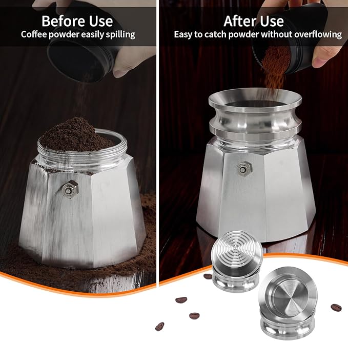 Coffee Tamper for 4 Cups to 6 Cups Moka Pot, 304 Stainless Steel Espresso Dosing Funnel Set, Coffee Distributor Leveler Compatible with Italian Espresso Stovetop Moka Pot, Silver