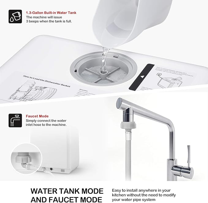 NOVETE Portable Countertop Dishwashers, Compact Dishwashers with 5L Built-in Water Tank & Inlet Hose, 5 Washing Programs, Baby Care, Air-Dry Function and LED Light for Small Apartments