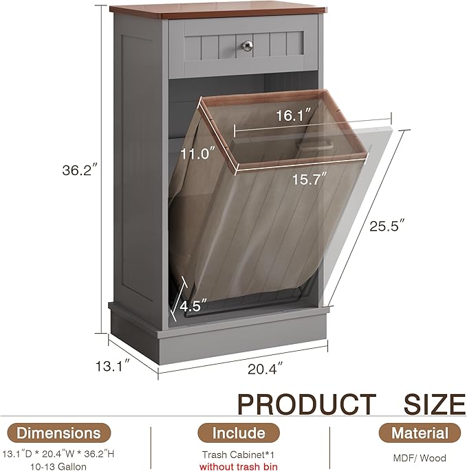 KIGOTY Tilt Out Trash Cabinet,Wooden Kitchen Trash Bin Holder Garbage Bin Recycling Cabinet Laundry Hamper with Solid Wood Countertop and Hideaway Drawer (Gray)