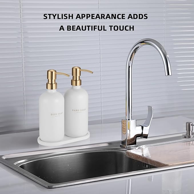 Soap Dispenser Bathroom - Dish and Hand Soap Dispenser Set, Glass Soap Lotion Dispenser with Pump for Kitchen with Tray, Waterproof Labels, 2 Lotion White Bottle/Gold Pump N