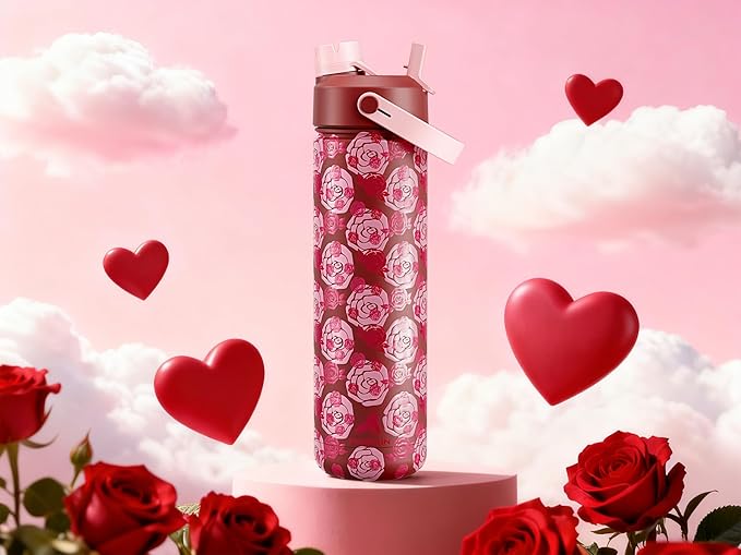 POWCAN 26 oz Insulated Water Bottle with 2-in-1 Straw and Spout Lid, Keep Cold 24H, Leak-Proof, Fits in Car Cup Holder, Stainless Steel Water Bottle for Gift, Holiday, Travel and School (Sweet Rosy)