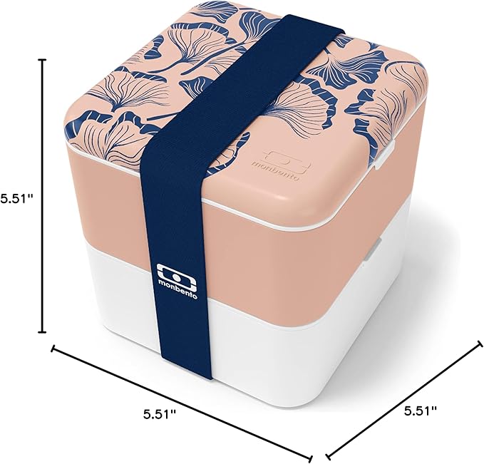 monbento - Large Bento Lunch Box MB Square Ginkgo with 2 Compartments - 57 oz - Leakproof Lunch Box for Work/Picnic/Meal Prep - BPA Free - Microwave & Dishwasher Safe - Pink & Blue