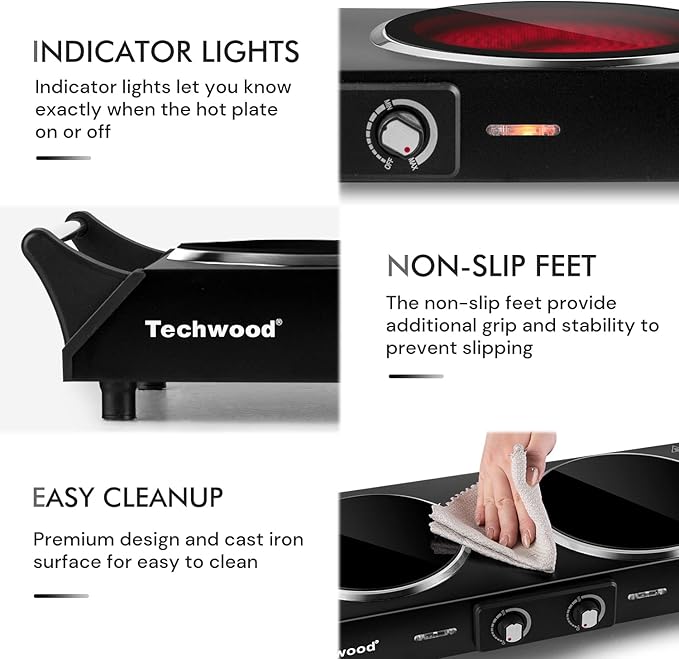 Hot Plate, Techwood 1800W Double Infrared Ceramic Electric Stove for Cooking, Dual Control Cooktop Burners, Portable Anti-scald Handles Suitable for RV/Home/Camp, Compatible for All Cookwares