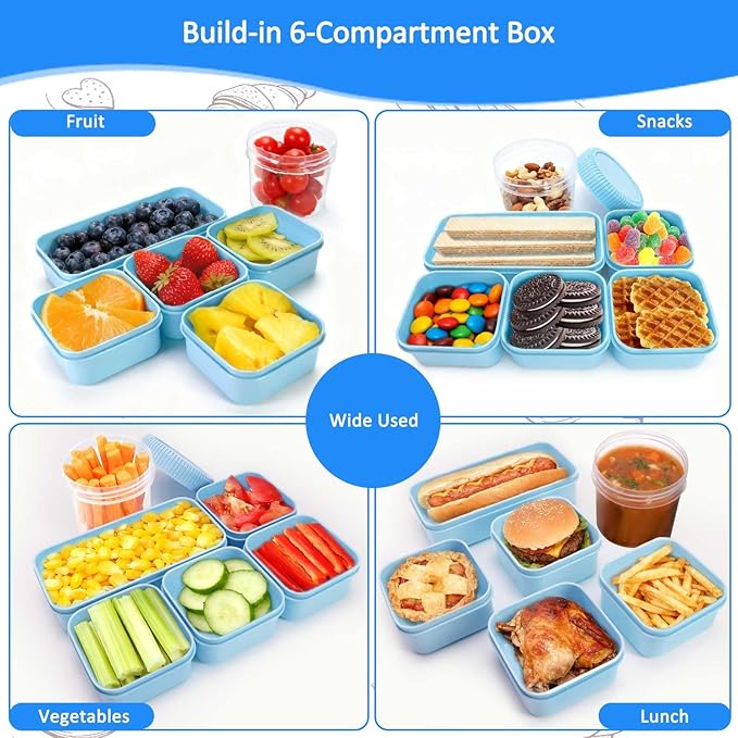 moleath Bento Box with 6 Removable Compartments Lunch Box, Microwave & Dishwasher Safe, Leakproof BPA-Free Snack Containers Ideal for Office, Picnic, Camping, Party, Travel, Blue