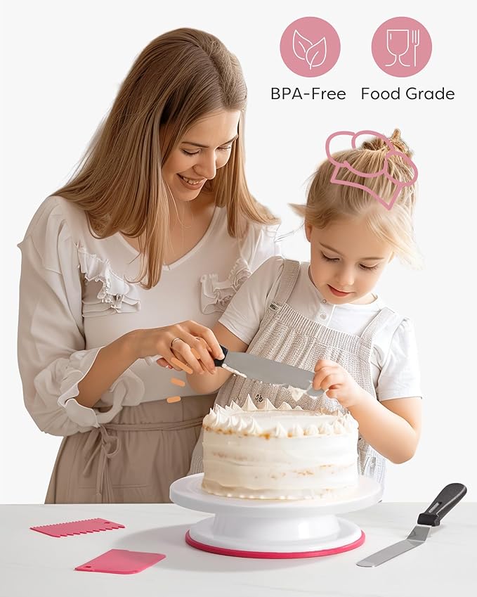 Kootek Cake Decorating Kit Baking Supplies Set Cake Turntable with 2 Frosting Straight Angled Spatula 3 Icing Smoother Scrapers Baking Accessories Tools for Beginners and Pros, Mother's Day, Pink