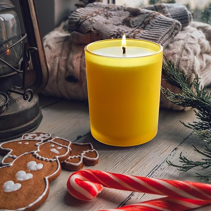 SHOWIN 14 OZ Thick Candle Jars for Making Candles 12 Pcs, 3 Wick Empty Jars with Wood Lids for Candle Making, Sample Container, Frosted Yellow