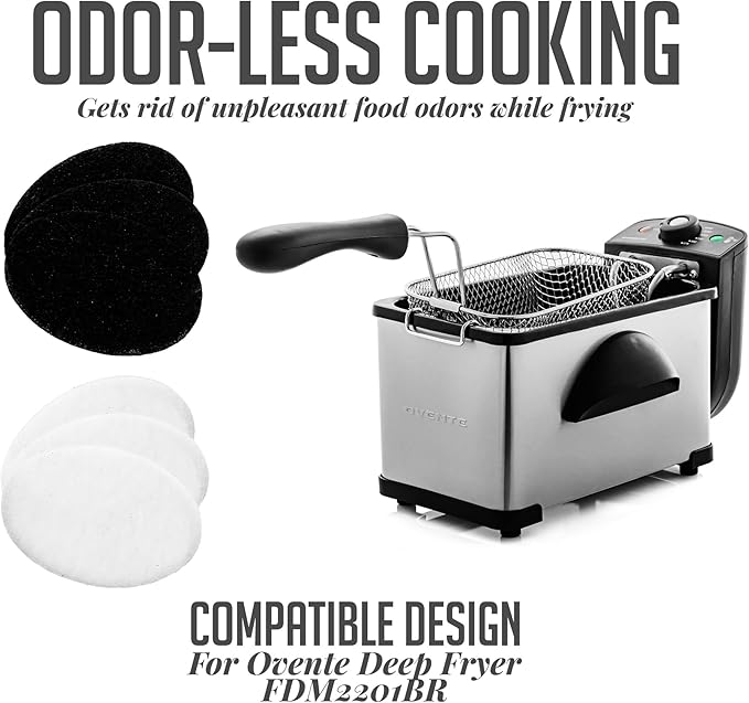 OVENTE 2 Liter Electric Deep Fryer FDM2201BR Charcoal and Oil Vapor Replacement Filter Set Pack of 3, White and Black ACPFDM2203