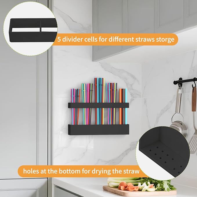 Straw Holder for Cabinet Door, Reusable Tumbler Straw Organizer Storage Container Mount for Kitchen Counter Cupboard Door (Black, 9.5inch)